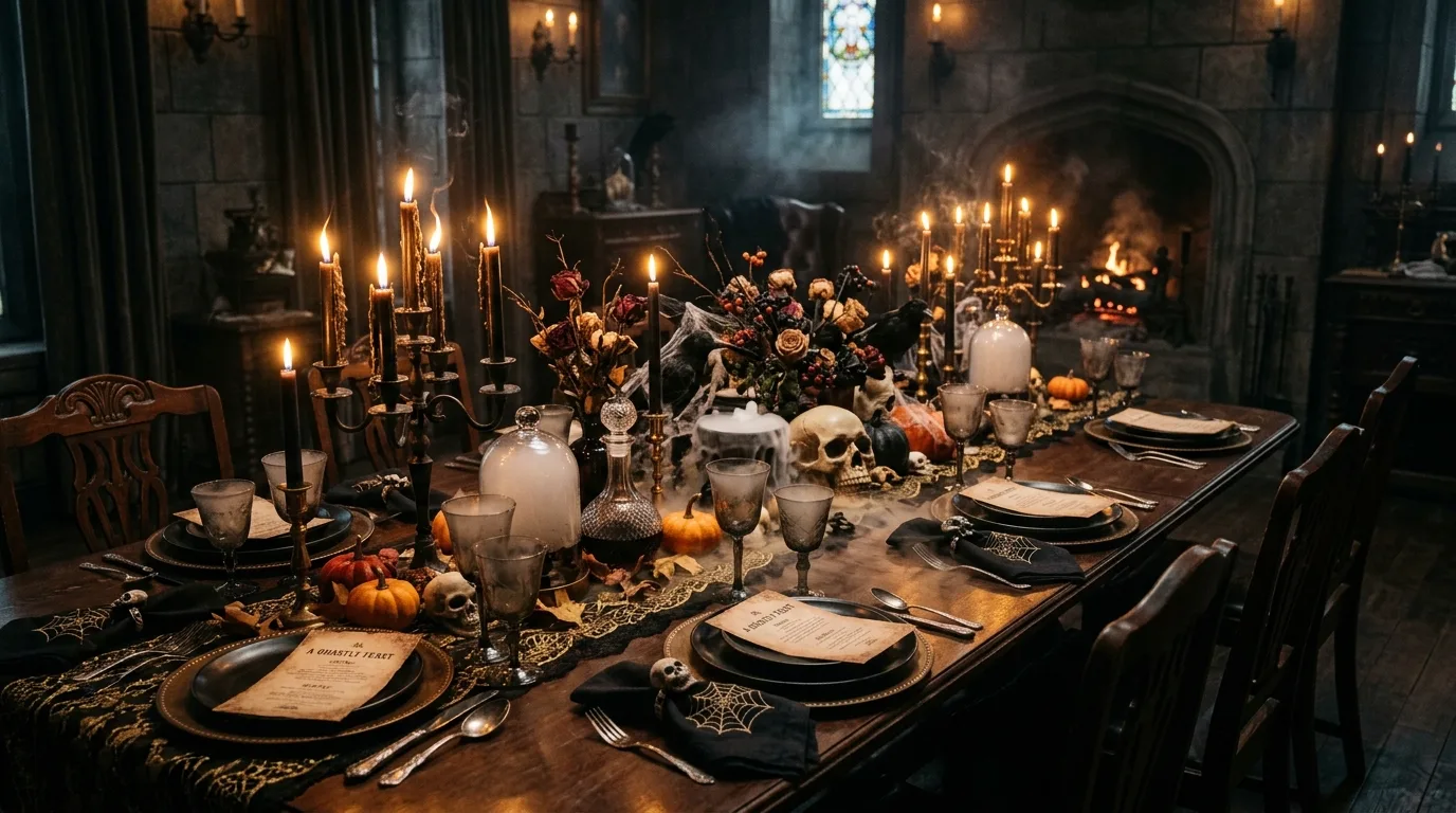 Carry the same palette into the room around the table inspiration for a Halloween dining table.